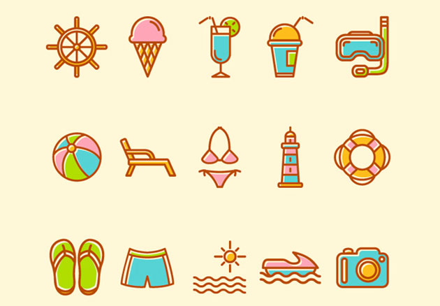 夏をテーマとしたポップなデザインに利用したいアイコンセット New Summer And Vacation Icons Designdevelop