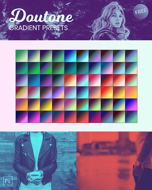 美しいデュオトーンを表現できる フリーのグラデーションプリセットをまとめた 60 Free Duotone Photoshop Gradient Presets Designdevelop